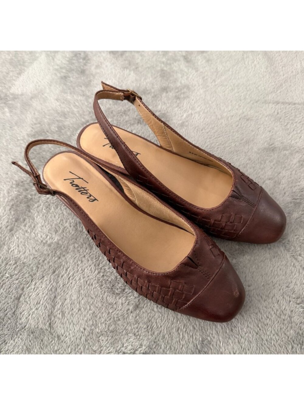 Trotters Brown Woven Leather Slingback Shoes Heels 6.5 Wide